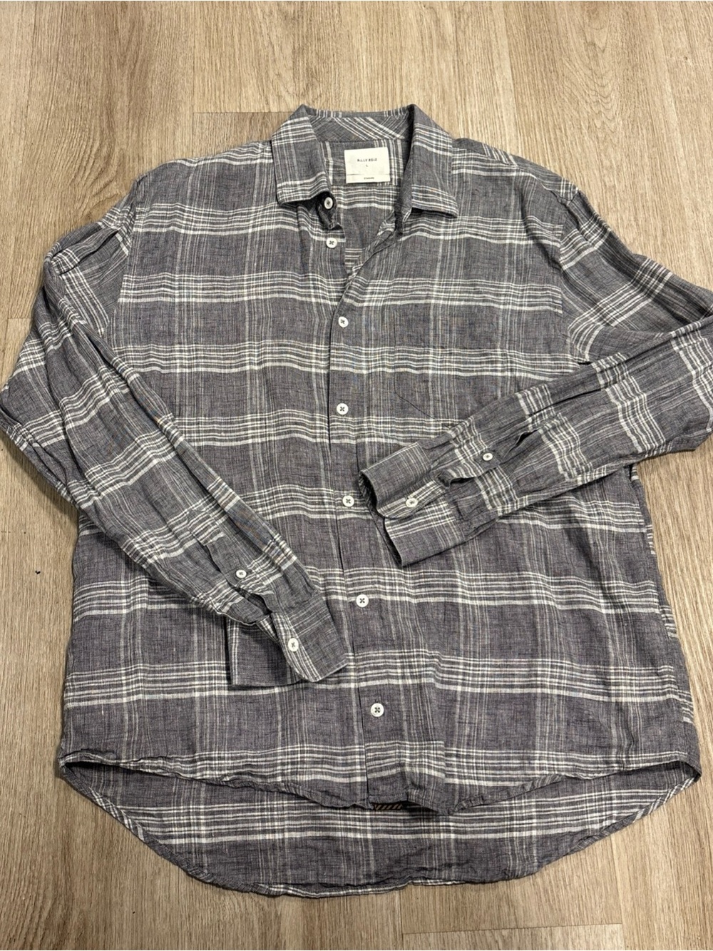 Billy Reid 100% Linen Button Up Long Sleeve Shirt Large Gray Plaid Made in Italy